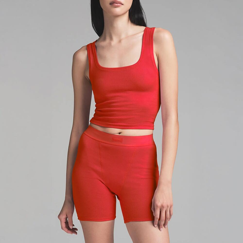 SKIMS Cotton Rib Tank Top & Boxer Shorts Lounge Set Red Tank S Shorts M